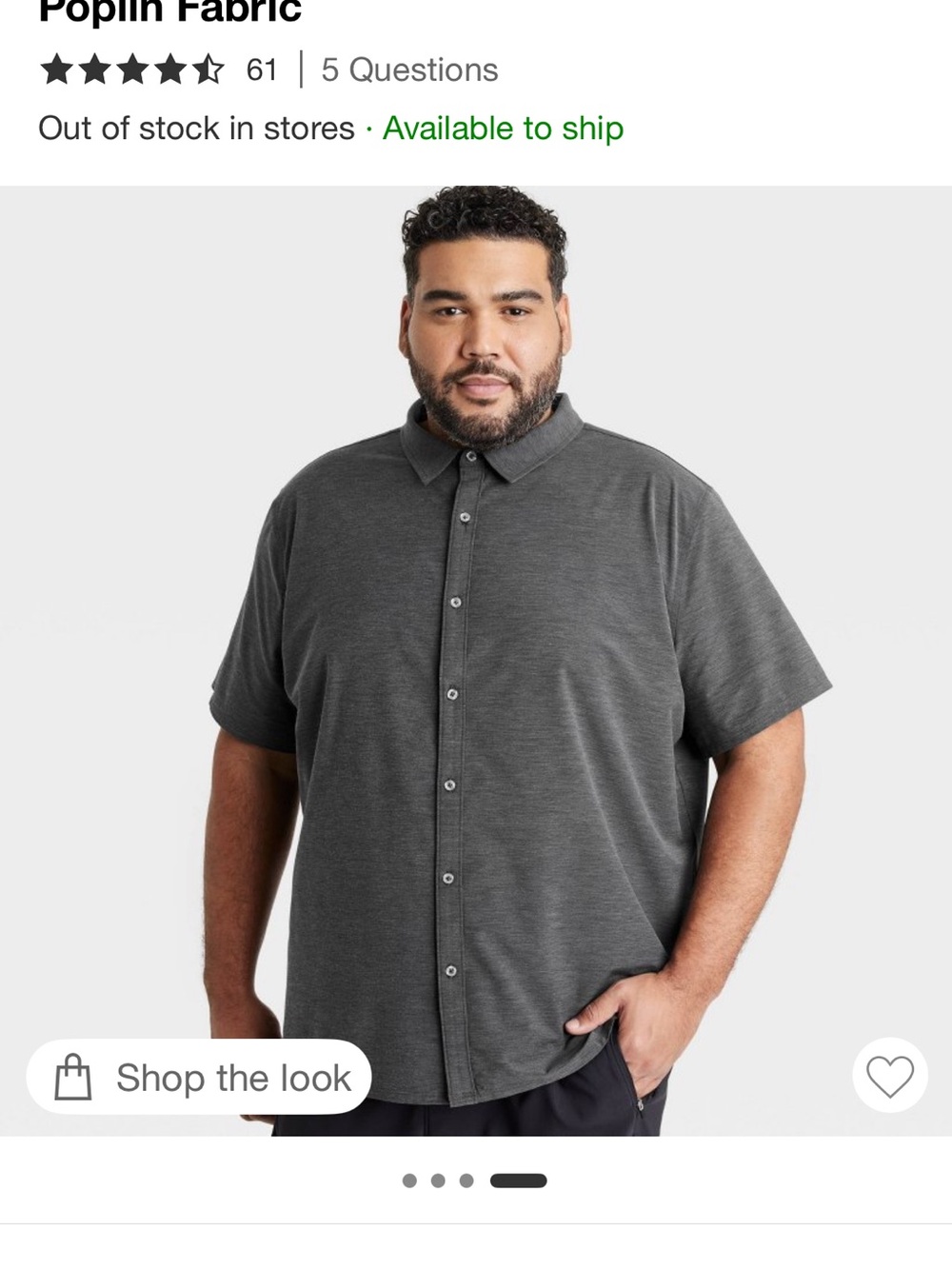 NWT All In Motion Men's Short-Sleeve Button-Up Shirt in Charcoal- XXL